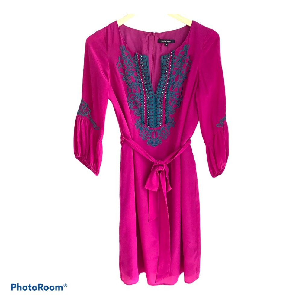 Nanette Lepore Fushia 100% Silk Midi Dress with Embroidery Beads & Belt Size S